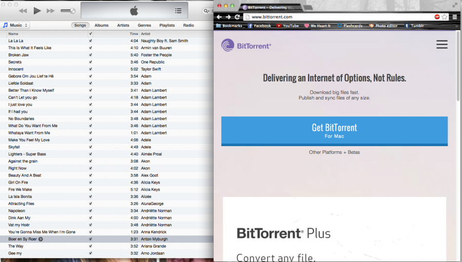 Screen shot of ITunes and a file sharing program called BitTorrent 