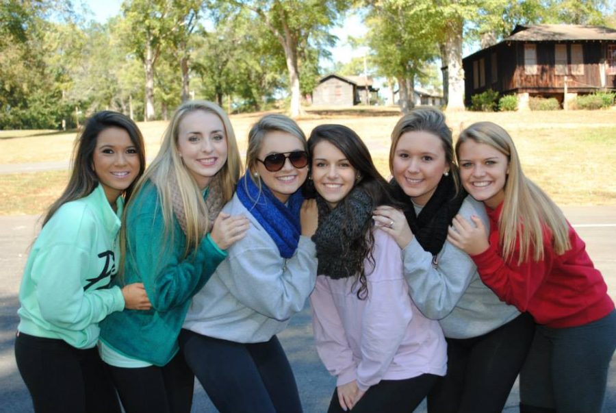 Sophomores Michelle Absi, Jackie Littleton, Laney Miller, Shae Dwyer, Hannah Staples, and Christina Britt pose for a picture outside their cabin. Photo courtesy of Laney Miller.