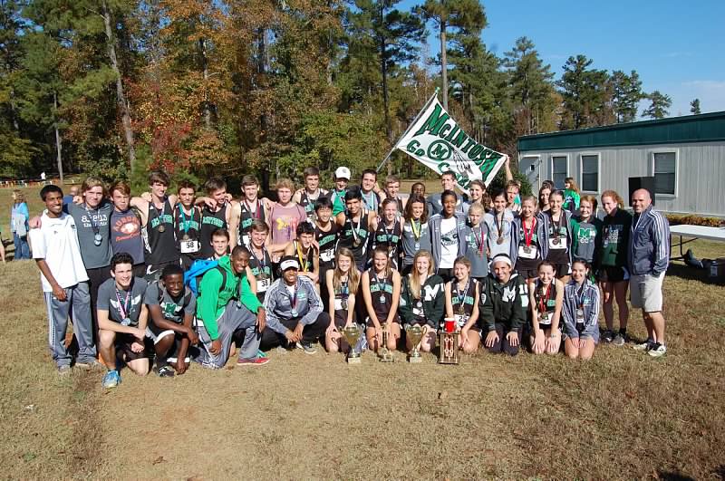 The+MHS+cross+country+team+celebrates+with+four+trophies+after+sweeping+the+region+meet.+