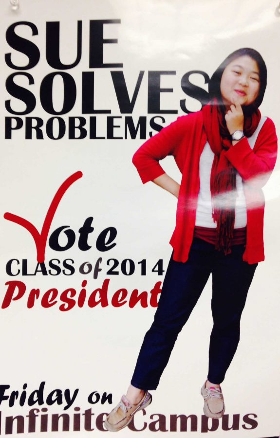 Sues campaign poster touting one of her many talents: solving problems. (Poster designed by Monica Jamison.)