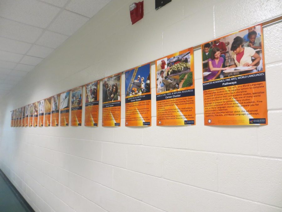 Posters hung up in main lobby to showcase potential careers. 
