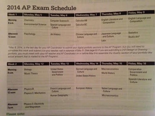 The 2014 AP Exam schedule found in the AP Bulletin that students are asked to pick up from the Registrars office between March 17-21. 