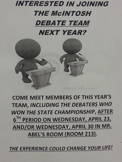 Debate team hosts an informational session of April 23 and April 30.