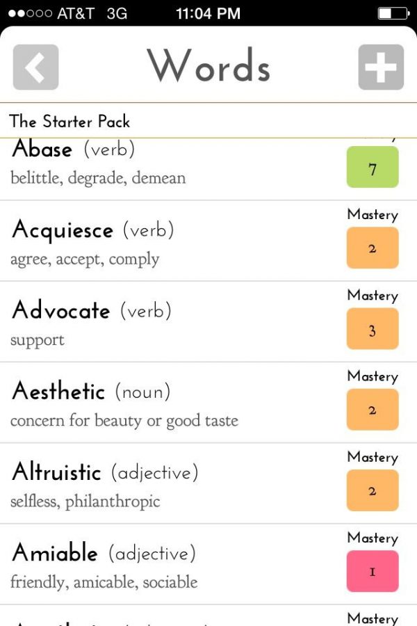 Screenshot of a sample of vocabulary words practiced on the Veritas Prep application.