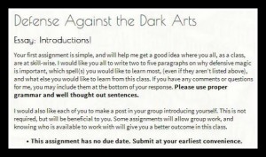 Example of first assignment for Defense Against the Dark Arts.