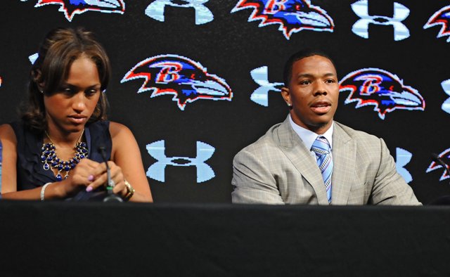 Ray Rice makes a statement with wife Janay on May 5, 2014, regarding his assault charge.