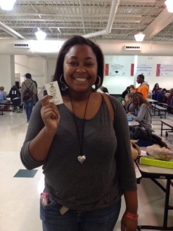 Senior Bianca Carthern wins a free Chick-fil-A sandwich coupon in the weekly give-away. 