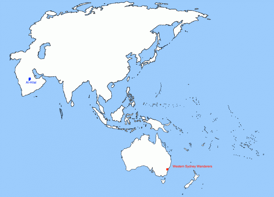 The locations of Al-Hilal and Western Sydney Wanderers home fields, a distance of almost 8000 miles, or Peachtree City to India.