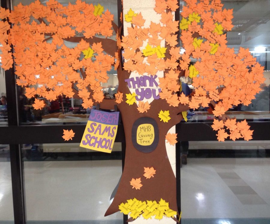 Leaves collected by NHS members are displayed outside the Senior Cafeteria