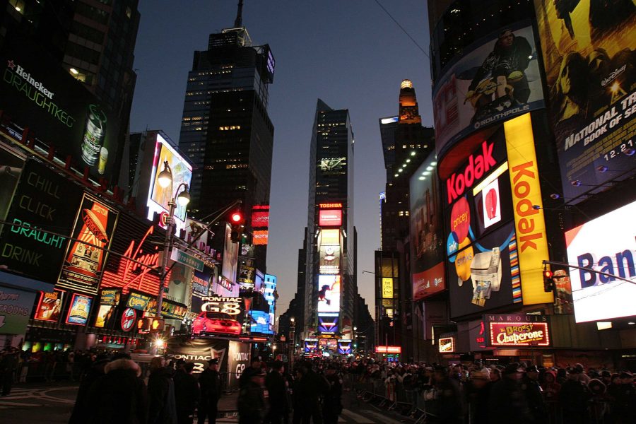 Revelers await midnight during New Year's festivities in Times Square, New York.  