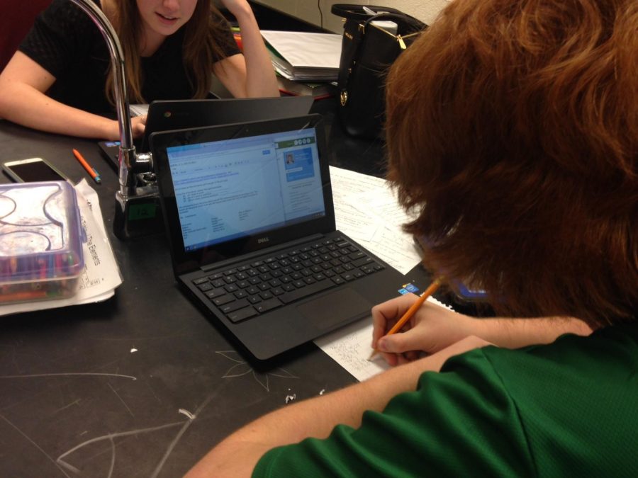 Students use new Chromebooks for an online lab in Mrs. McMahon's 6th period Chemistry class.