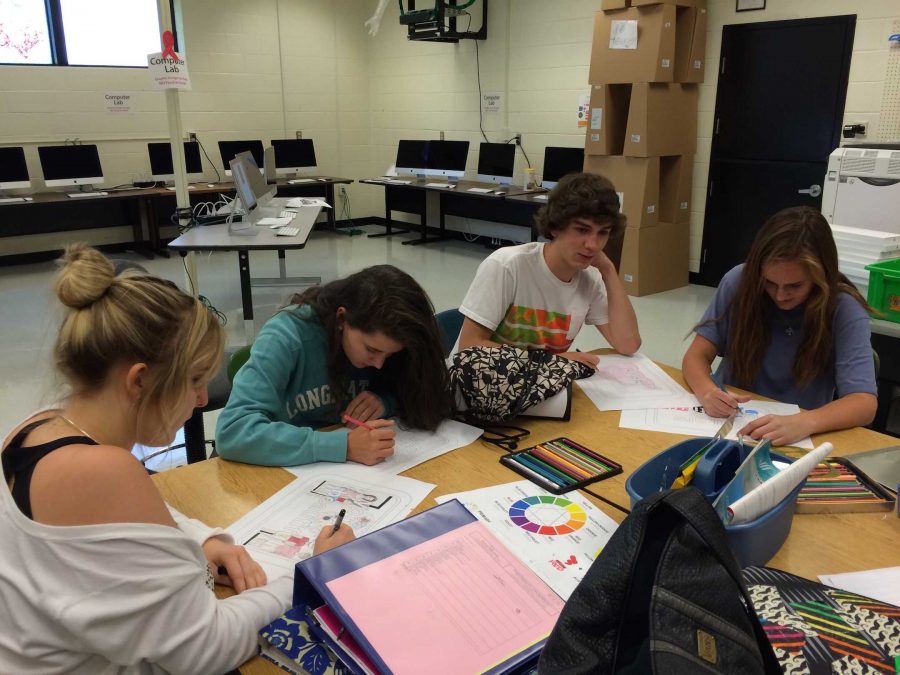 Senior Katie Cameron, senior Cade Coleman, sophomore Maddie Sy and sophomore Marie Olgetree work on their "You are beautiful" projects inspired by Mathew Hoffman's street art exhibit featured in Chicago.  