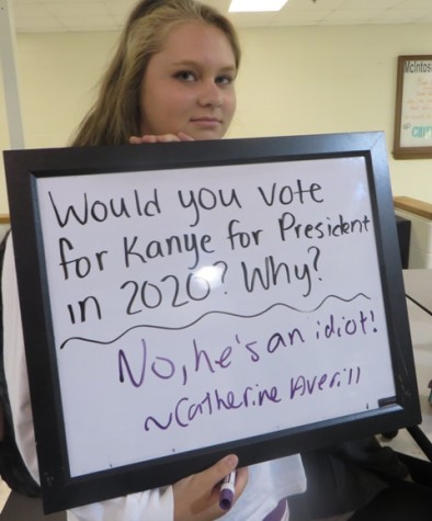 Sophomore, Catherine Averill looks at the camera annoyed by the idea of Kanye for president.