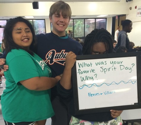 Freshman Josh Stallins and Sophomores Jasmine Espinosa and Kase Chisolm loved showing their spirit on hero vs villains day.