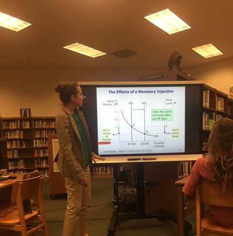 Ms. Hansen uses the new smart board to demonstrate the effects of monetary injection.