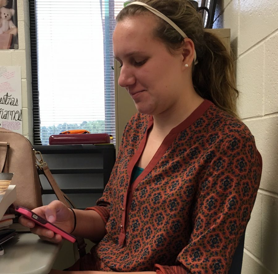 Senior Carolyn Ann Behnken checks her teacher's Wikispace to find out what she will be doing next.