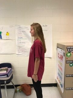 A student demonstrates the appropriate length of a shirt worn with leggings.