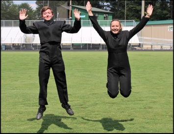 Drum majors seniors Doug Morris and Riley Carraher show their excitement for the 2016 season.