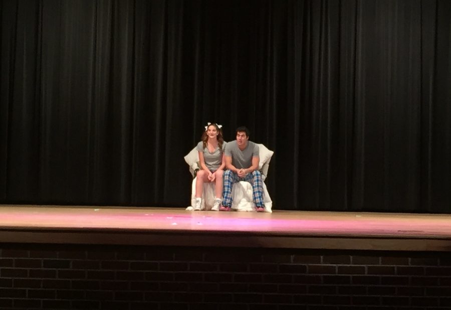 Juniors Joslyn Nicosia and Tan Dunn compete in Dancing with the Chiefettes with the theme of props.