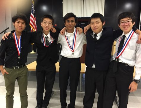 Students Joon Baek, Mark Ni, Man Shah, James Wong, and Jonathan Zhang won second place after competing in the quiz bowl competition. 