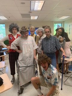 Seniors participate in senior week by dressing up as senior citizens on Tuesday.