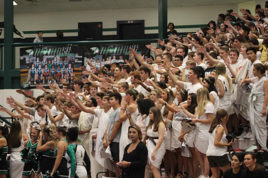 Seniors cheer on in their togas during the 2019 pep rally