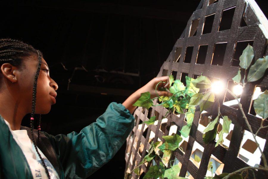 Courtney Jean-Louis helps build a ivy backdrop for the school musical Mary Poppins. Photo taken by Izzy Pullias