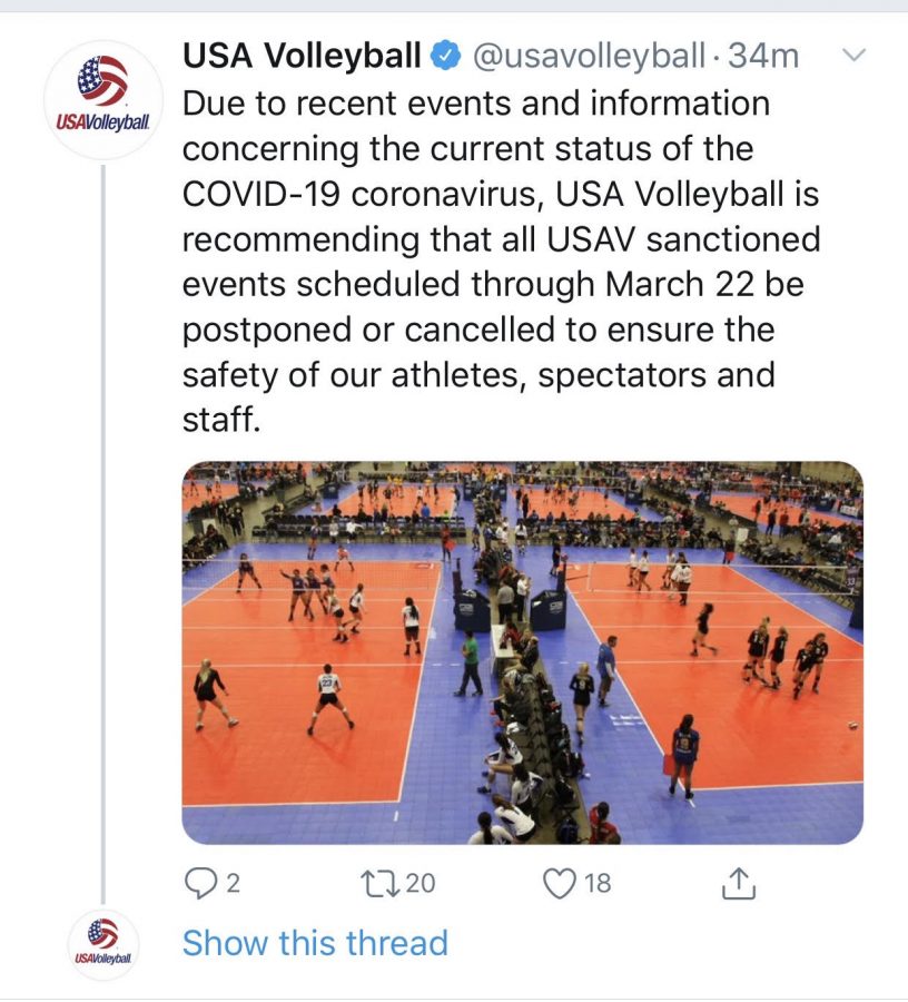 Tweet by USA Volleyball stating that all tournaments with a large amount of people participating should be cancelled due to the outbreak of COVID-19. The tweet states that tournaments will try to be pushed back to Mar. 22nd, however the COVID-19 will most likely still be at large. If USAV can not find a later date to push the tournaments to, they will be cancelled permanently.