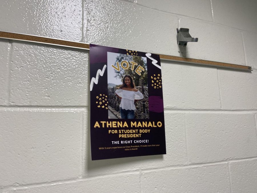 One of many campaign posters that candidate, Athena Manalo, has hung around campus in support of her campaign.