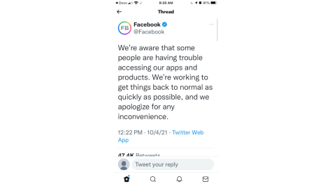 This is the tweet that Facebook posted on the day of the shutdown to acknowledge the concerns of people not able to use the app. 