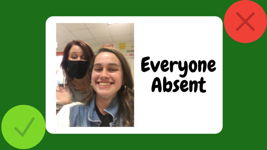 Selfie taken by Ali Ermolaev to prove to her mother that she was still at school. Pictured are Ali and her 6th period English teacher Shanon Woolf. Graphic added by Savannah Hayes with Canva.