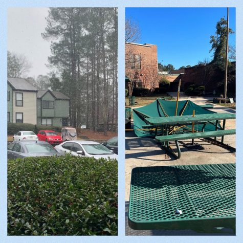 Pictured on the left is an image of what snowfall looked lin on Jan. 17. Picutred on the right is an image of the aftermath of high wind aptitudes in the courtyard.
