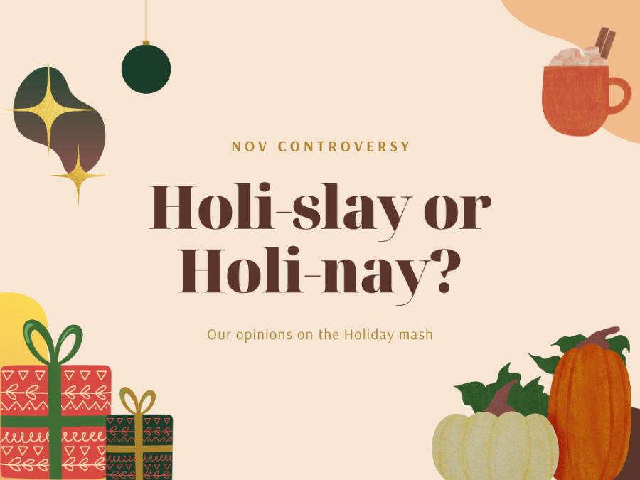 Graphic designed on Canva by Lulu Vitulo, winter holiday items on one side, characteristic fall items on the other.