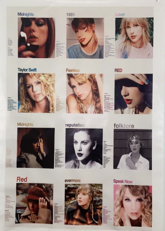 A recent Taylor Swift poster representing every era of Swifts albums, including a track list of each album and a photograph from the period.