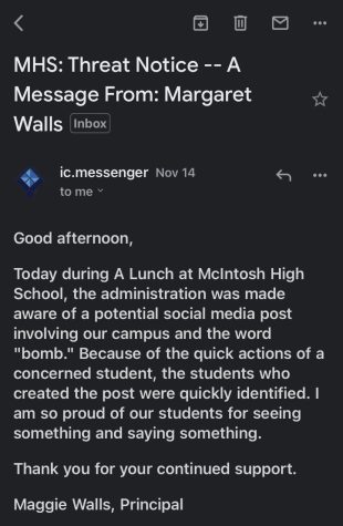 Principal Walls sent an email to McIntosh students at 3:46 p.m., the day of the threat.
