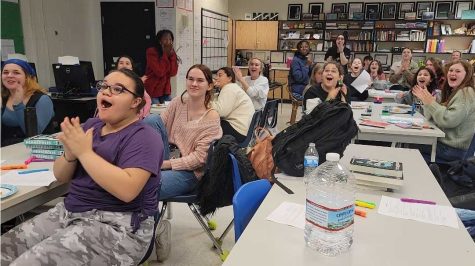 The staff of the McIntosh Legend yearbook reacts to the live awards program hosted by the Georgia Scholastic Press Association on Tuesday, Nov. 14.