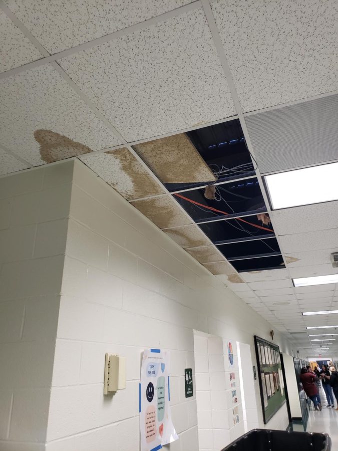 The severe storm blew parts of the roof off of McIntosh High School in upstairs Wilksmore, causing rain water to come through the ceiling. This image was taken Friday morning.
