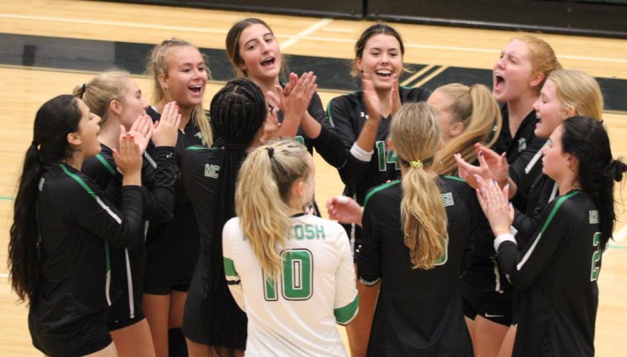 Ava Flores, third from left, celebrates the 25-7 win over Starrs Mill on Aug. 25. The next day, on Aug. 26, Flores had ACL reconstruction surgery and began a six-month period of physical therapy. 