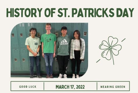 Students at MHS dress in green to celebrate St. Patricks Day. Pictured form left to right are Brian Ok, Aaron Maeder, Leo Gil, and Airi Misugi. Photo and graphic created using Canva by Savannah Hayes