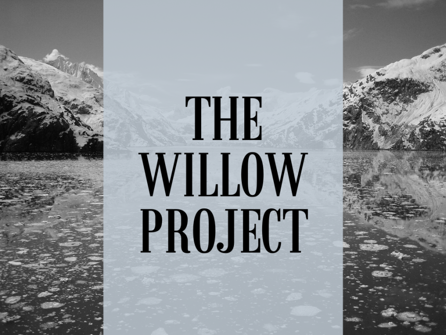 Canva graphic of a glacier in Alaska featuring the Willow Project. Graphic created by Luke Soule using Canva.