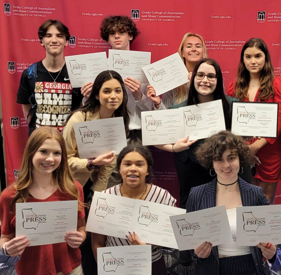Nine members of the Trail attended the GSPA spring convention and workshop. The Trail earned an Excellent overall rating. First row: Grace Lovejoy, Savannah Hayes, Marjorie Smedley. Second row: Lulu Vitulo. Third row: Ryan LeVan, Luke Soule, Ava Flores, Rebekah Bushmire, Mikayla Carrino.