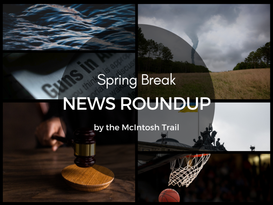 Canva graphic designed by Lulu Vitulo, images representing briefs on events that happened over Spring Break