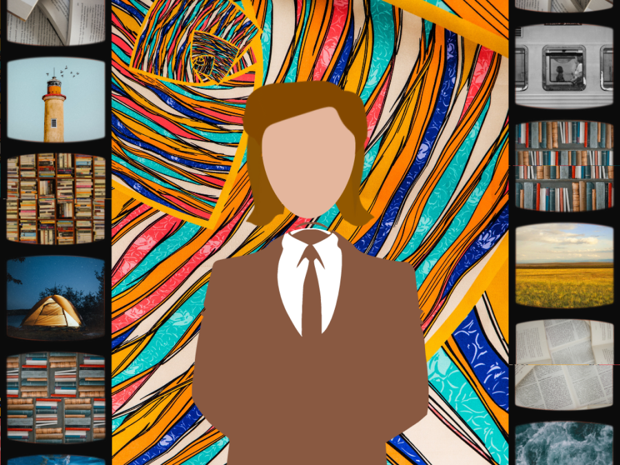 Graphic illustrated in Canva made by Luke Soule featuring a simplified figure of Wes Anderson and a multitude of scenery from his many films