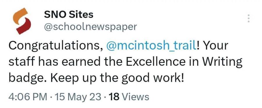 SNO Sites official Twitter account published a tweet congratulating the McIntosh Trail on their new SNO badge