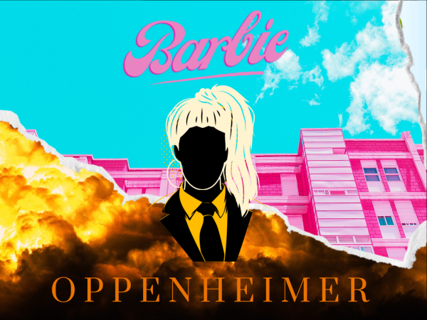 Graphic made on Canva by Luke Soule depicting a mesh of Barbie and Oppenheimer