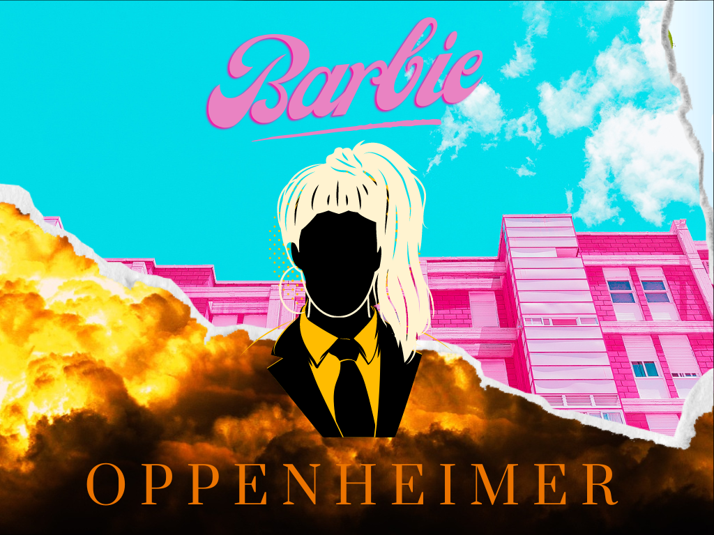 Graphic made on Canva by Luke Soule depicting a mesh of "Barbie" and "Oppenheimer"