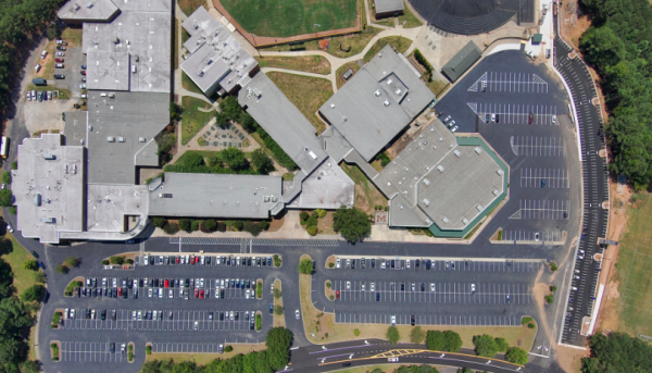 An aerial drone shot of McIntosh High School shows the extent of the parking lot renovations that took place over the summer. 