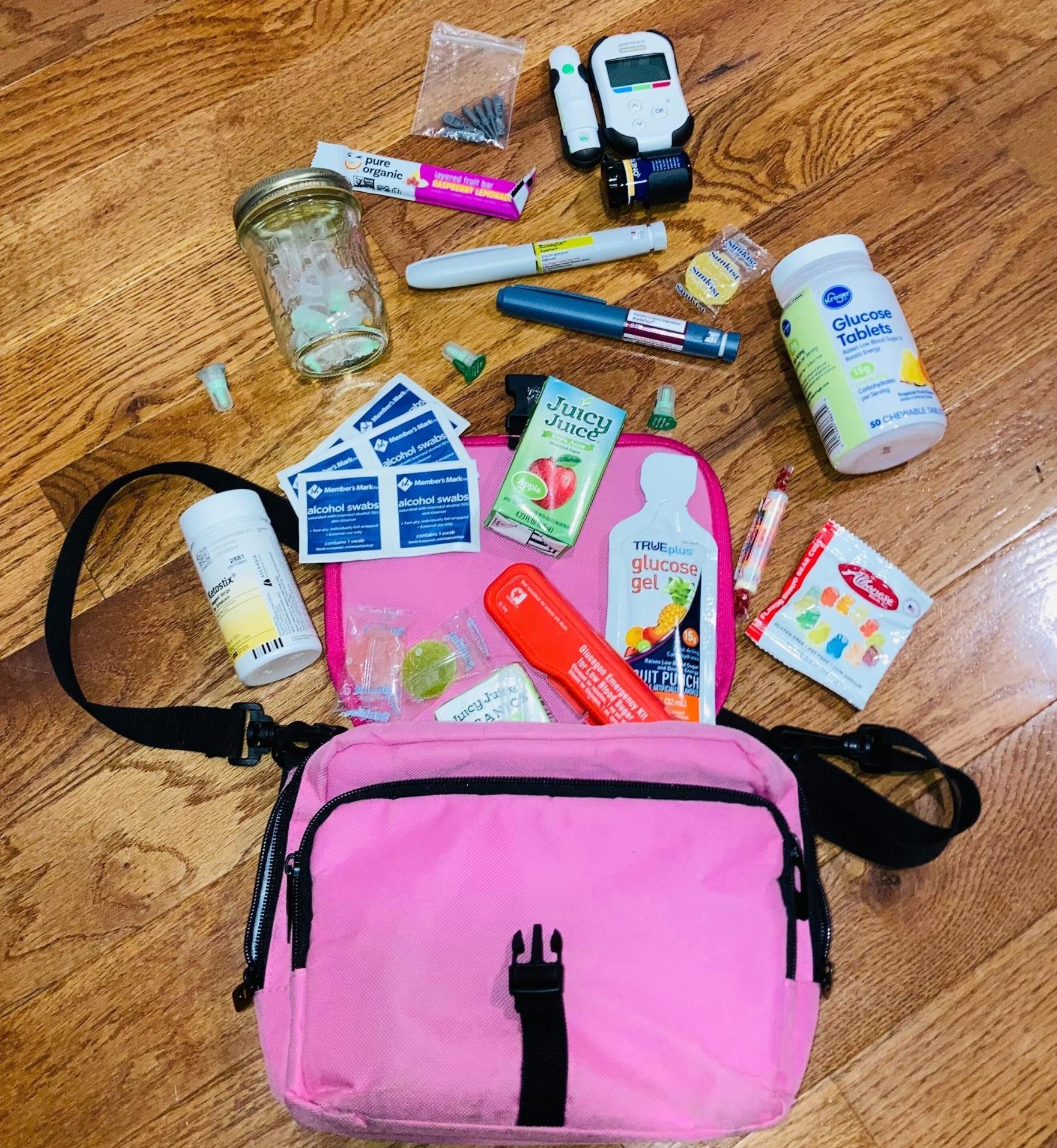 A bag containing important items that are important to have for those who have diabetes