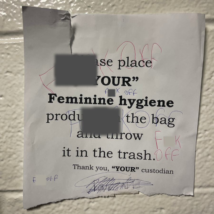 First stall in the womens restroom near the library with foul words, in various handwriting, directed at the janitors for asking the students to take care of the restrooms. 