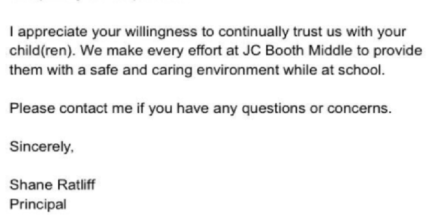 A portion of the letter Booth Principal sent to parents on September 5.